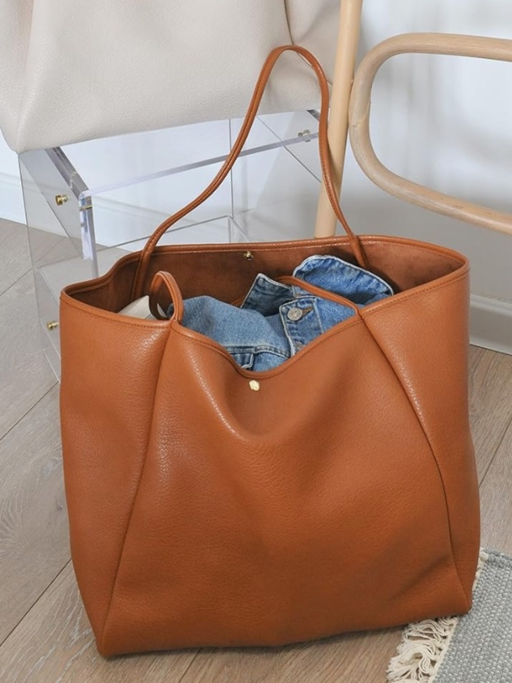 Oversize Leather Tote Weekender Bag Shopper Handbag Travel Purse - Picture 5 of 10